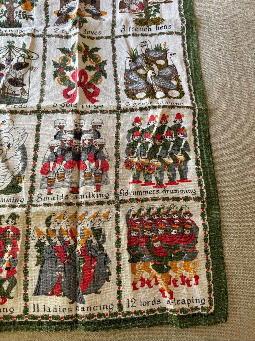 Vintage 12 Days of Christmas Irish Linen Tea Towel - Made in Ireland 1960s-1970s